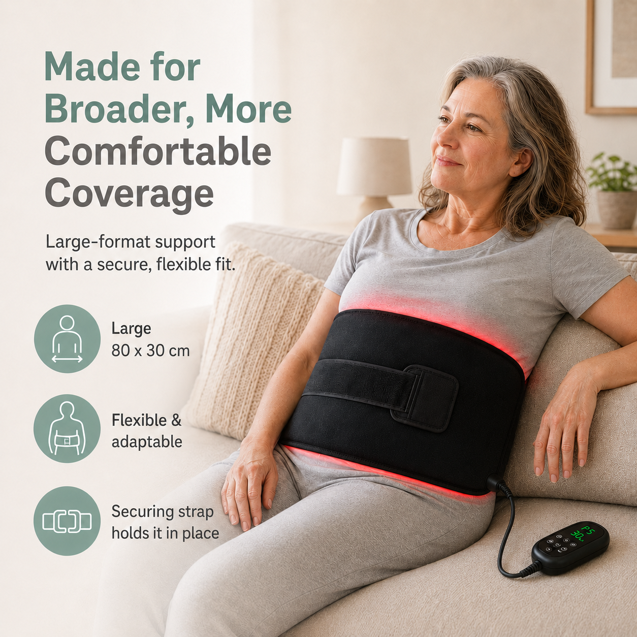 A woman sits on a beige couch wearing a black electric abdominal massage/warm wrap with a glowing red heat effect. The image includes marketing text on the left highlighting larger coverage, flexibility, and secure strap support, with a small control unit on a cord resting beside her.