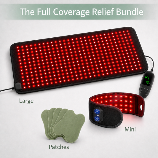 LED light therapy relief bundle showing a large red light panel, a smaller red light wristband, a digital controller, and several green adhesive patches on a light gray background with text labels.