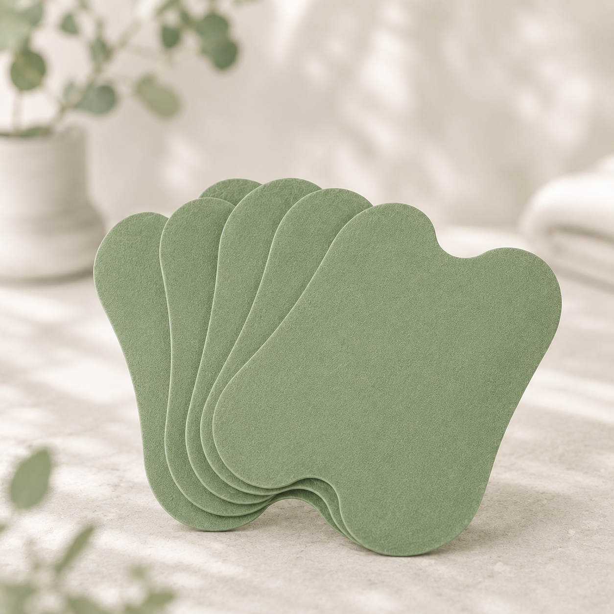 A set of five green, asymmetrical felt pads or pads stacked in a fan shape on a light textured surface with soft, blurred background elements.