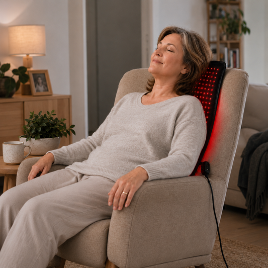 A woman relaxes in a beige recliner chair with her eyes closed, using a red LED neck and shoulder massage device attached to the chair back in a cozy living room setting.