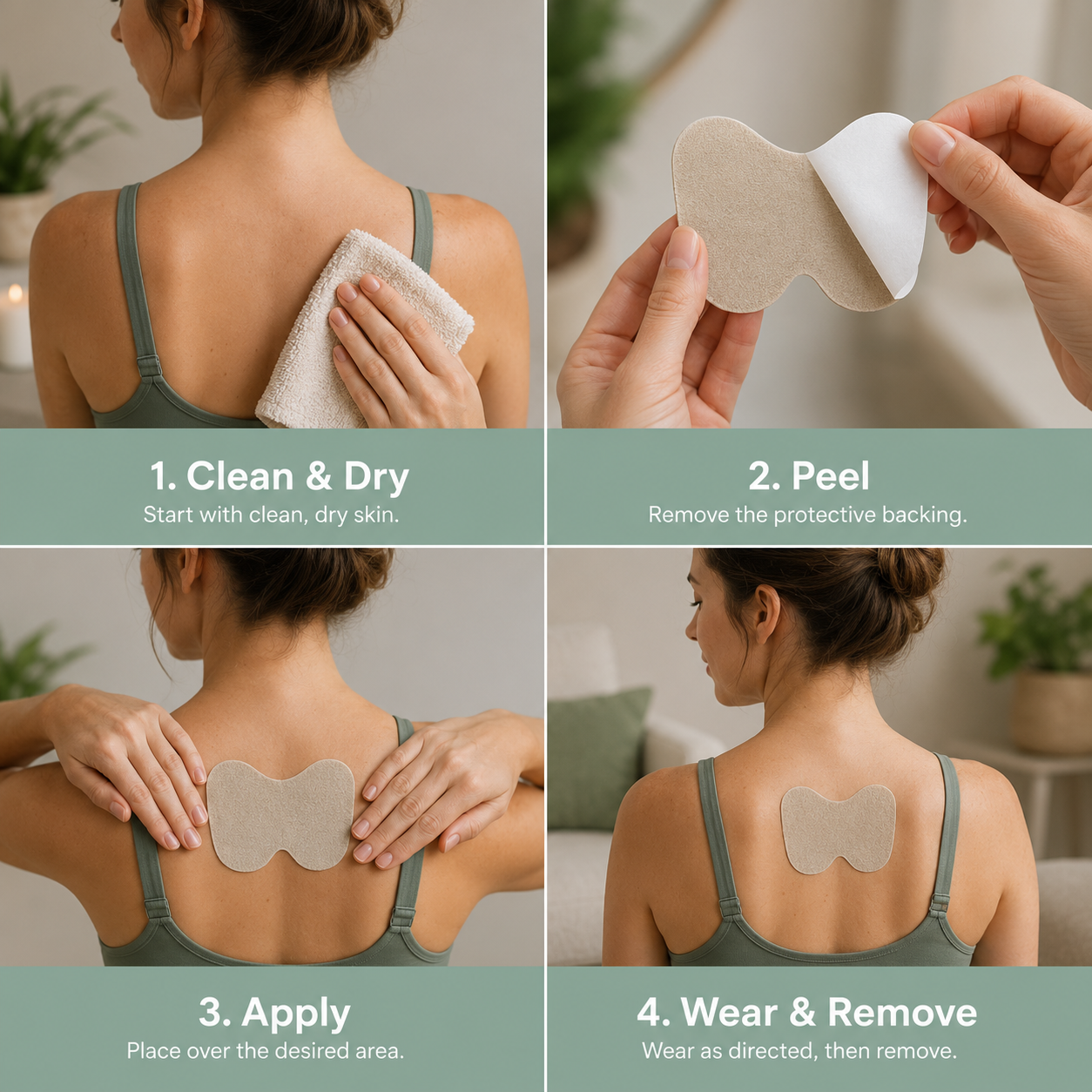 Four-panel instructional graphic showing how to apply a bone-shaped back patch. Step 1 shows a woman drying a towel from her back.